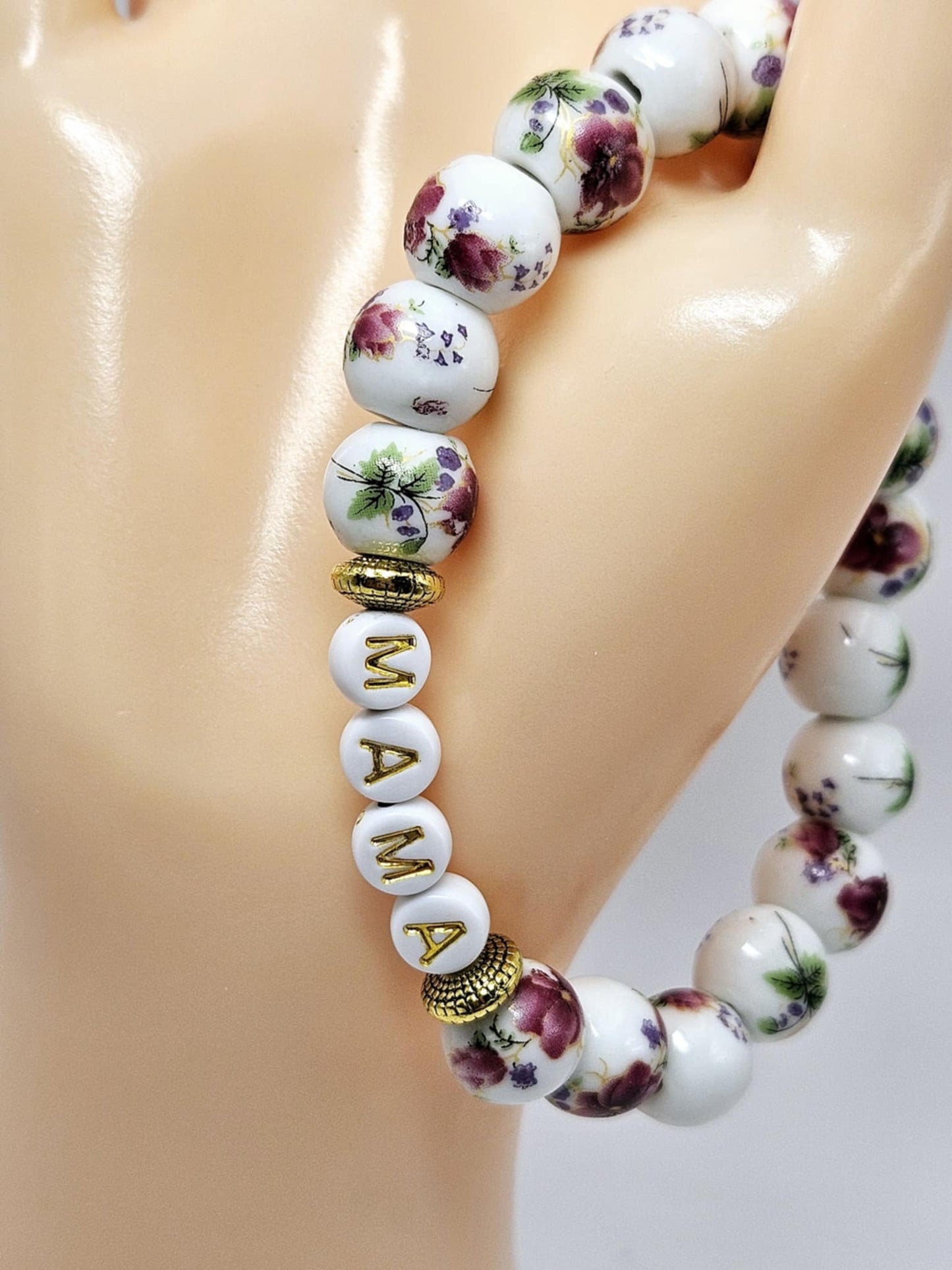 "Mama" Porcelain Beaded Bracelet - Purple