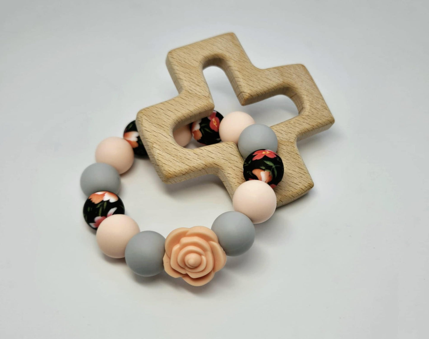 Rose Teething Bracelet w/ Cross