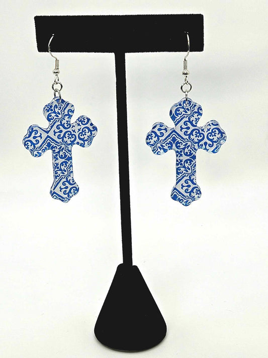 Blue and White Cross Earrings