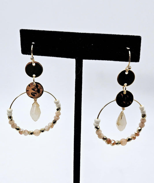 Circular Beaded Drop Earrings - Beige