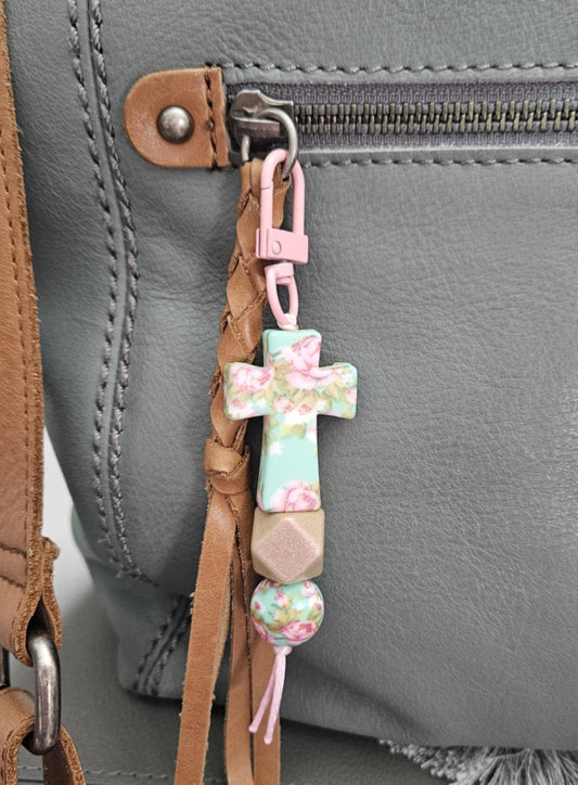 "Floral Cross" Zipper Charm