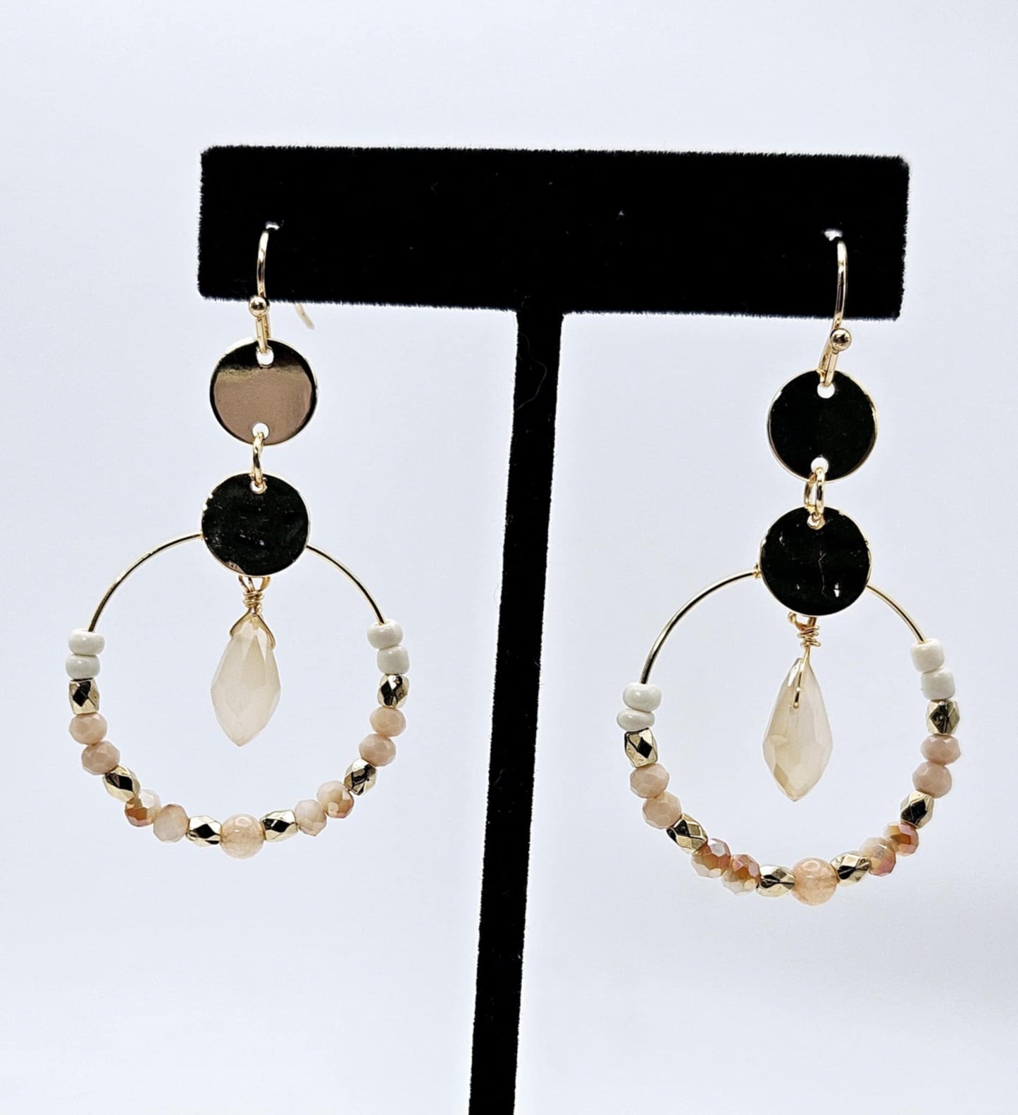 Circular Beaded Drop Earrings - Beige