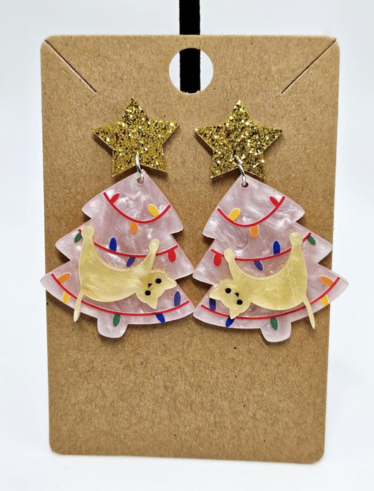 Upside-Down Kitty Christmas Tree Earrings